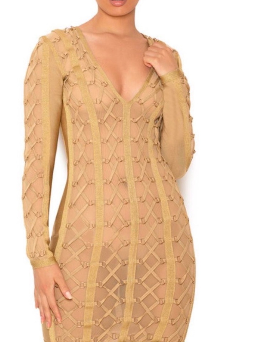 House of CB Tan Lattice Long Sleeve V-Neck Dress